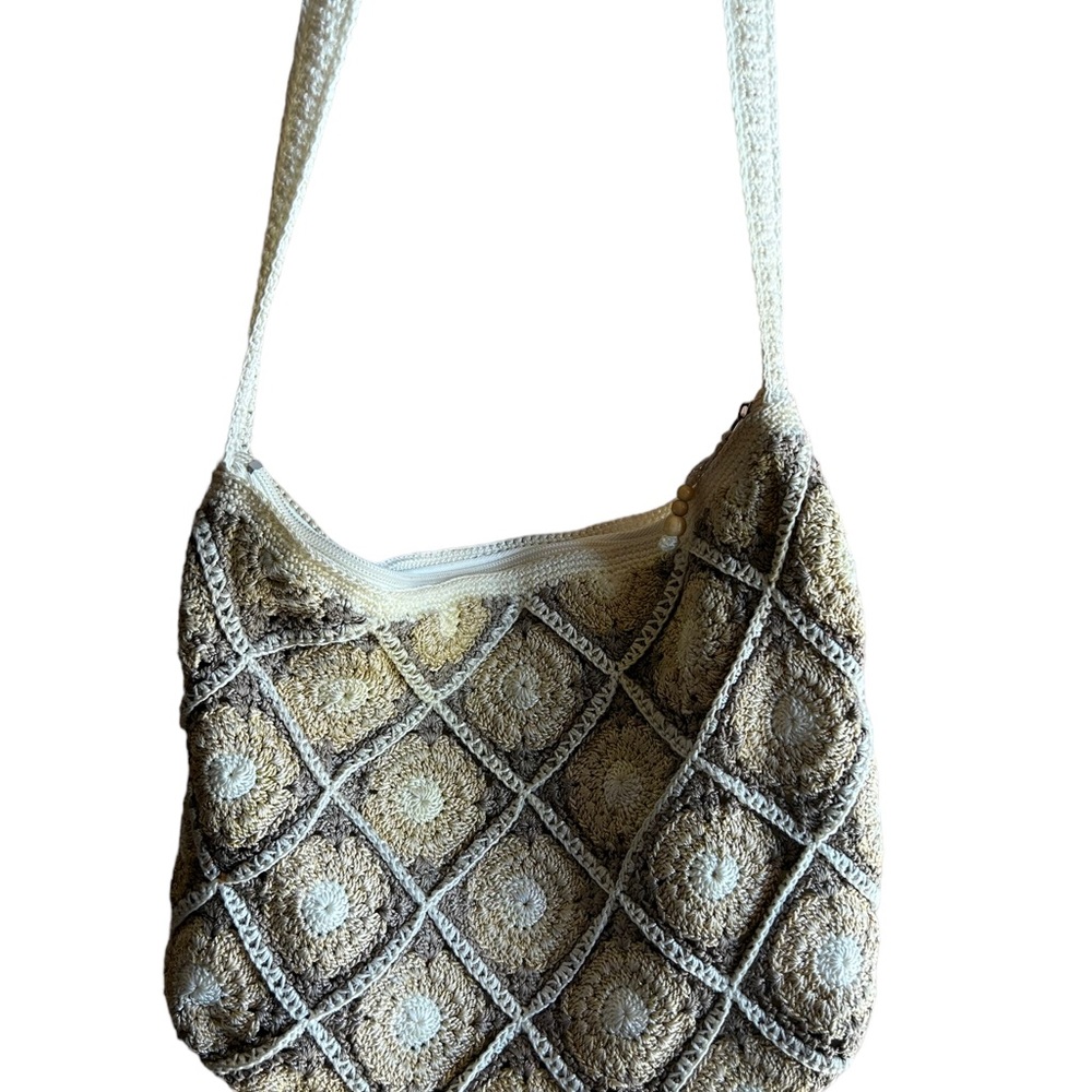 The Sak Crochet Squares Knit Crossbody Boho Style Shoulderbag Cream Brown